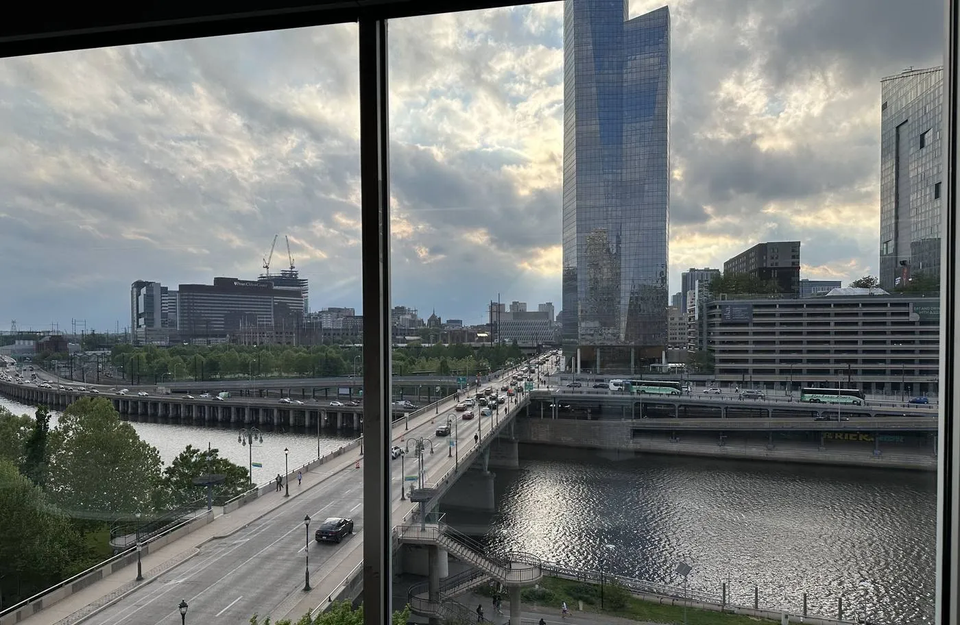 Philadelphia skyline and the Schuylkill River from an office window.